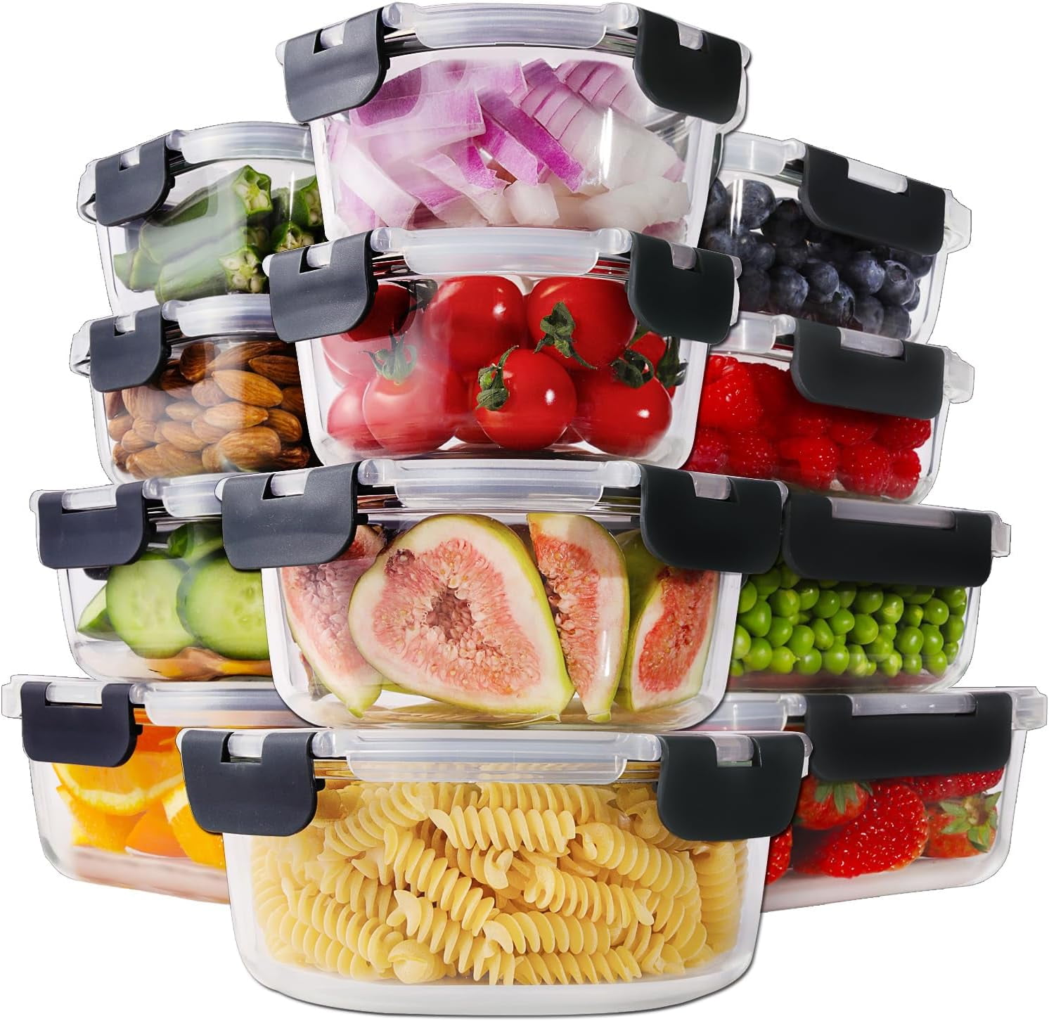 12 Sets Glass Food Storage Containers with Lids, Glass Meal Prep Containers, Airtight Glass Bento Boxes, BPA Free & Leak Proof, Pantry Kitchen Storage(12 lids & 12 Containers) - Deep Blue