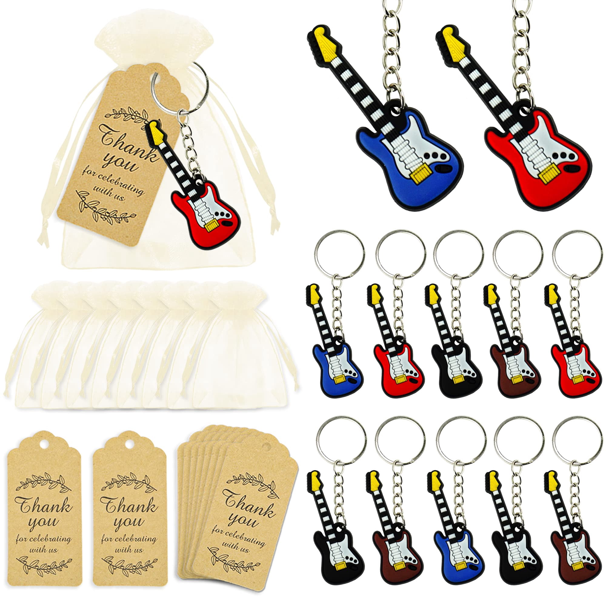 12 Sets Guitar Key Chains with Organza Bags and Thank You Tags for Rock ...