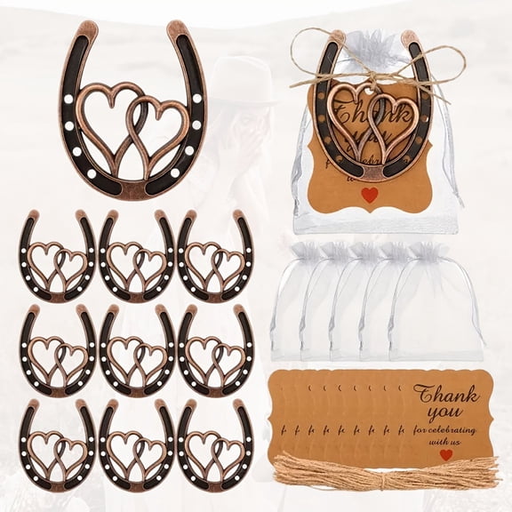 12 Sets Heart Metal Horseshoe Favors with Thank You Cards, Jute Twine Organza Bags, Rustic Western Wedding Decorations Horse Party Gifts for Country Mexican Wedding Birthday