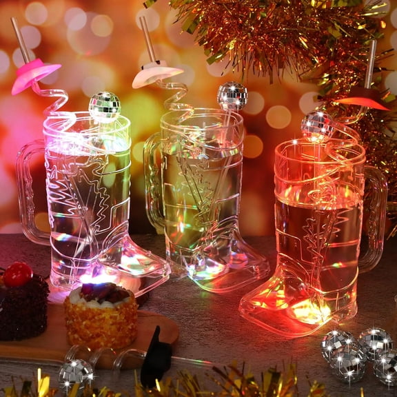 12 Sets LED  Boot Mug Cups including 17 oz LED Colorful Flashing  Drink Mugs Hat Straws Mirror Disco Ball Stirrers for Western Theme Bachelorette Birthday Party Supplies