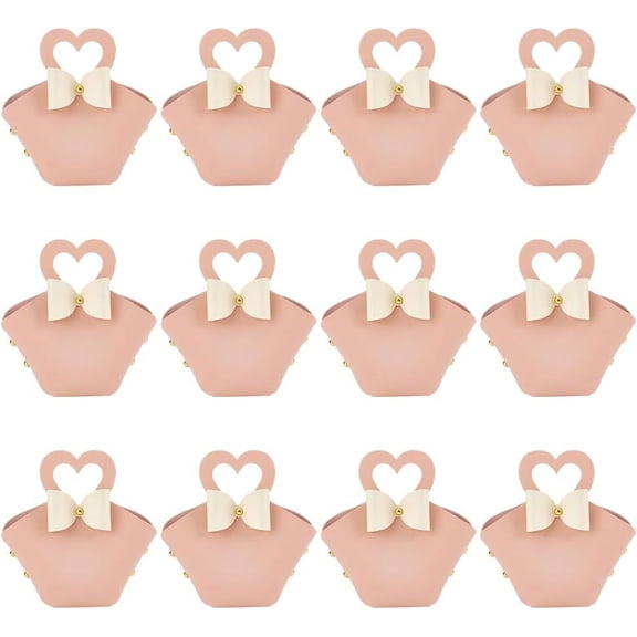 12 Sets Leather Bowknot Gift Boxes with Handle 6.3x4.9x2inch Pink Reusable Mini Handbag Treat Box Wedding Candy Gift Bags with Heart-shape Handle for Wedding Baby Shower Birthday Party