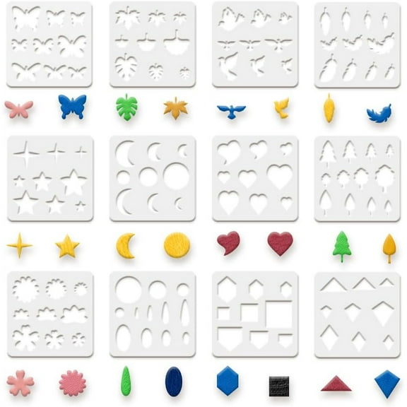 12 Sets Leather Earrings Making Template 5.9x5.9 inch Butterfly Leaf Bird Feather Star Moon Heart Tree Flower Geometric Figures Stencil for Card Making Hairpin and DIY Craft Making White