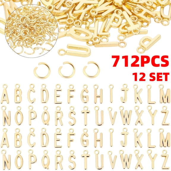 12 Sets Letter Charms KC Gold - 312Pcs ABC Alphabet Charms DIY Bracelets & Necklaces with 400Pcs Jump Rings for Jewelry Making