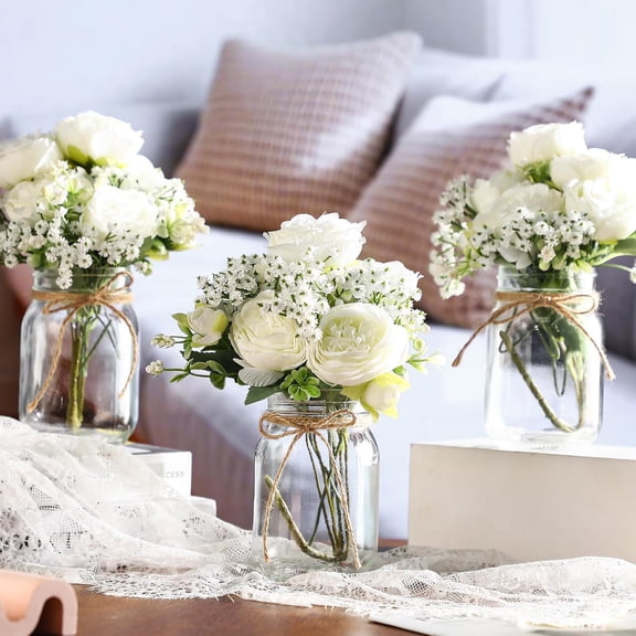 12 Sets Mason Jar Centerpiece Table Decorations, Artificial Peony Baby's Breath Flower Bouquets with Vase, Rustic Home Wedding Holiday Gift (White)
