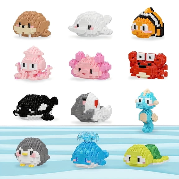 12 Sets Mini Marine Animals Micro Building Blocks Set, Diy Miniature Building Block Puzzle, Cute Mini Ocean Series, Sea Turtle, Penguin Perfect Christmas, Easter and Birthday Gifts for Kids