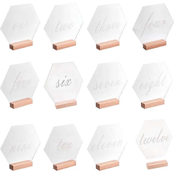 12 Sets Pcs Table Number Set Table Number Acrylic Signs with Wood Stands English Number 1 to 12 Place Cards