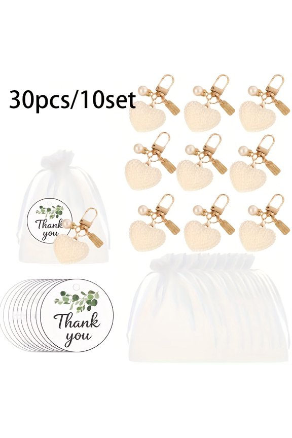 12 Sets Pearl Heart Keychain Set,Include White Hollow Heart Keychains Thank You Cards and Organza Bags,Ideal for Bag Earphone Case Decoration Wedding Valentine's Day Mother's Day Gifts