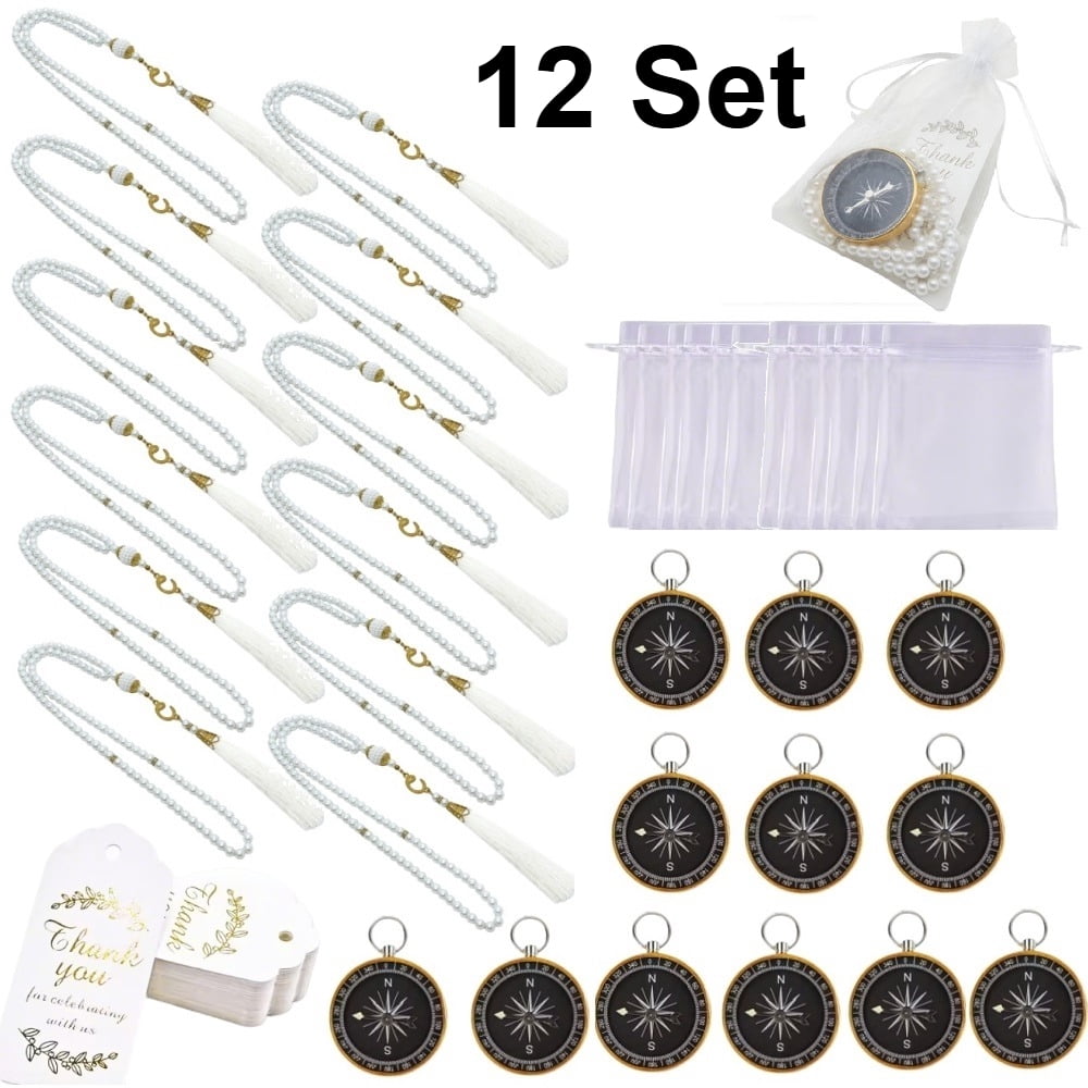 12 Sets Pearl Prayer Beads Bracelet Favors with Compass Thank You Tag Organza Bags Religious Party Favor Set for Wedding Ramadan Baptism Ceremony Daily Use Gift Decoration