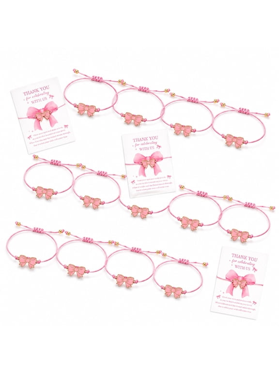 12 Sets Pink Bow Party Favor Bracelets with Cards, Adjustable Braided Friendship Bracelets for Birthday and Wedding Gifts