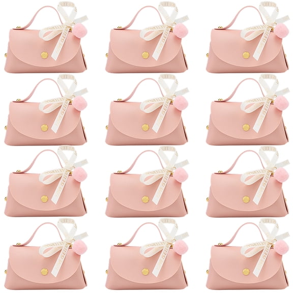 12 Sets Pink PU Leather Party Favor Boxes Mini Leather Gift Wrapping Handbags Reusable Chocolate Candy Bags Elegant Treat Purses with Ribbons