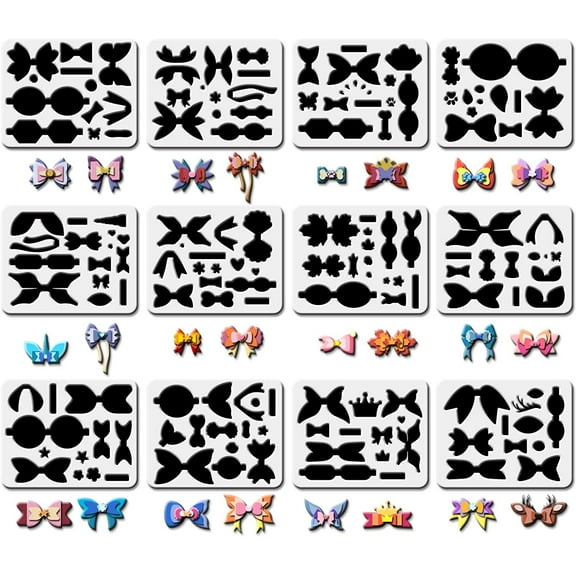 12 Sets Plastic Bows Tie Making Template, 9.8x7.8inch Unicorns Mermaids Crowns Butterflies Deer Style Bows Stencil