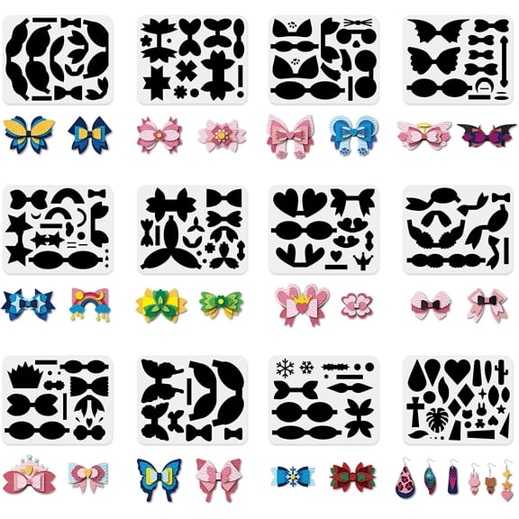 12 Sets Plastic Bows Tie Making Template Earrings Dies Making Stencils 9.8x7.8inch Cat Ears Crowns Little Devils Bows Stencil for Card Making Hairpin Earrings and DIY Craft Making colorful