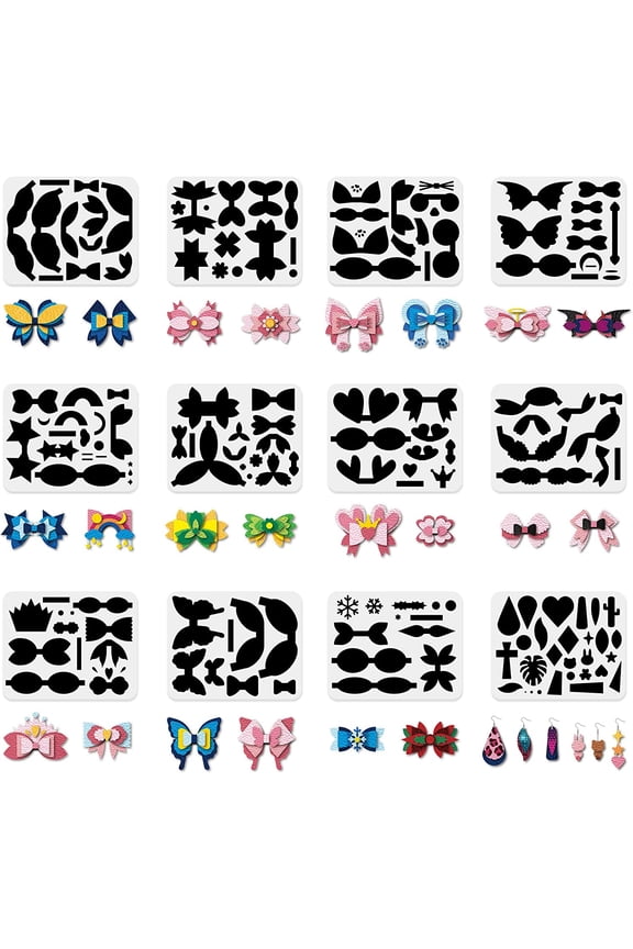 12 Sets Plastic Bows Tie Making Template Earrings Dies Making Stencils 9.8x7.8inch Cat Ears Crowns Little Devils Bows Stencil for DIY