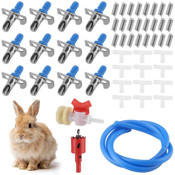 12 Sets Rabbit Nipple Drinker Kit, Automatic Watering System with Hose and Valve, Gravity Feed Watering Kit with Drinking Nipples 28 mm Hole Opener for Rabbits Guinea Pigs Hamsters