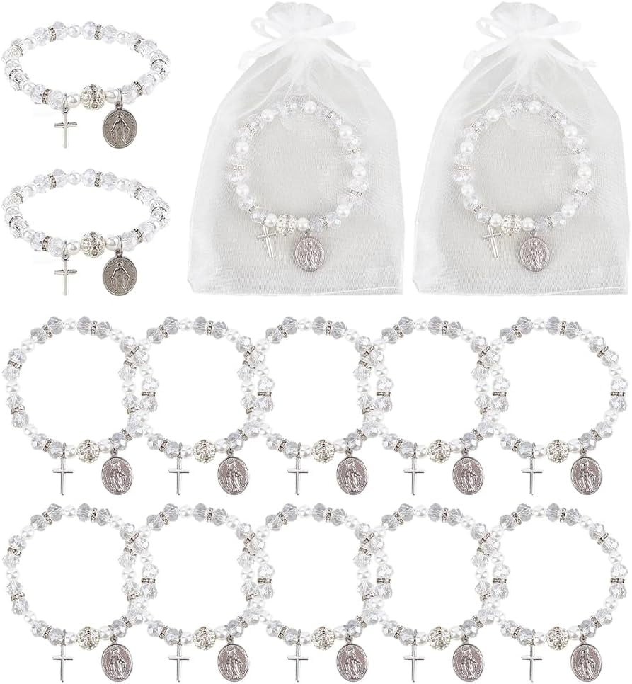 12 Sets Rosary Bracelet Bulk with Mesh Bags 8mm Clear Beaded Stretch Bracelet Baptism Favor Bracelets with Oval Charm