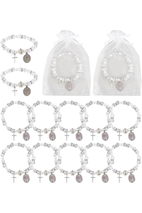 12 Sets Rosary Bracelet Bulk with Mesh Bags 8mm Clear Beaded Stretch Bracelet Baptism Favor Bracelets with Oval Charm
