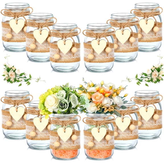 12 Sets Rustic Mason Jar Table Centerpiece with Lace Sleeves and Heart Shaped Hemp Rope - Mason Jar Vases for Reception, Engagement Party, Bridal Shower, Wedding Table Decorations
