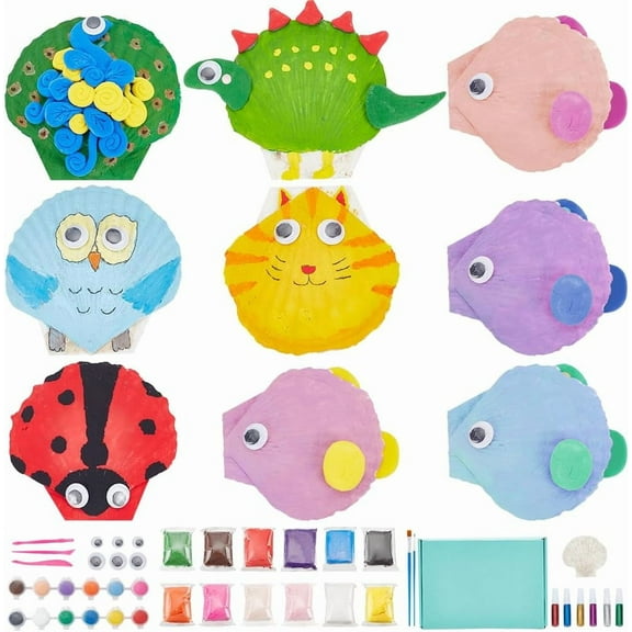 12 Sets Sea Shell Painting Kit DIY Crafts Seashell Decorating Project Arts and Crafts Painting Kit with Decorative Eye Cabochons Birthday School Party Christmas Gifts
