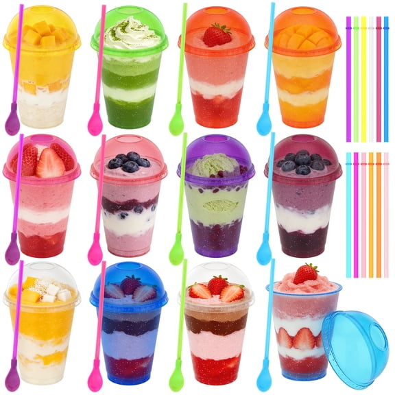 12 Sets Slushy Maker Cup Plastic Cup Slushie Cups with Dome Lids and Straws Reusable 16 oz Plastic Iced Coffee Cups Smoothie Tumbler for Birthdays Summer Party Supplies