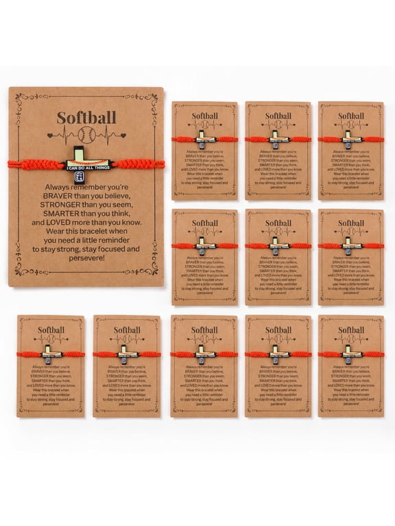 12 Sets Softball Cross Bracelets with Inspirational Cards, Adjustable Red String Sports Bracelets for Softball Players and Fans, Motivational Team Gift for Tournament Season