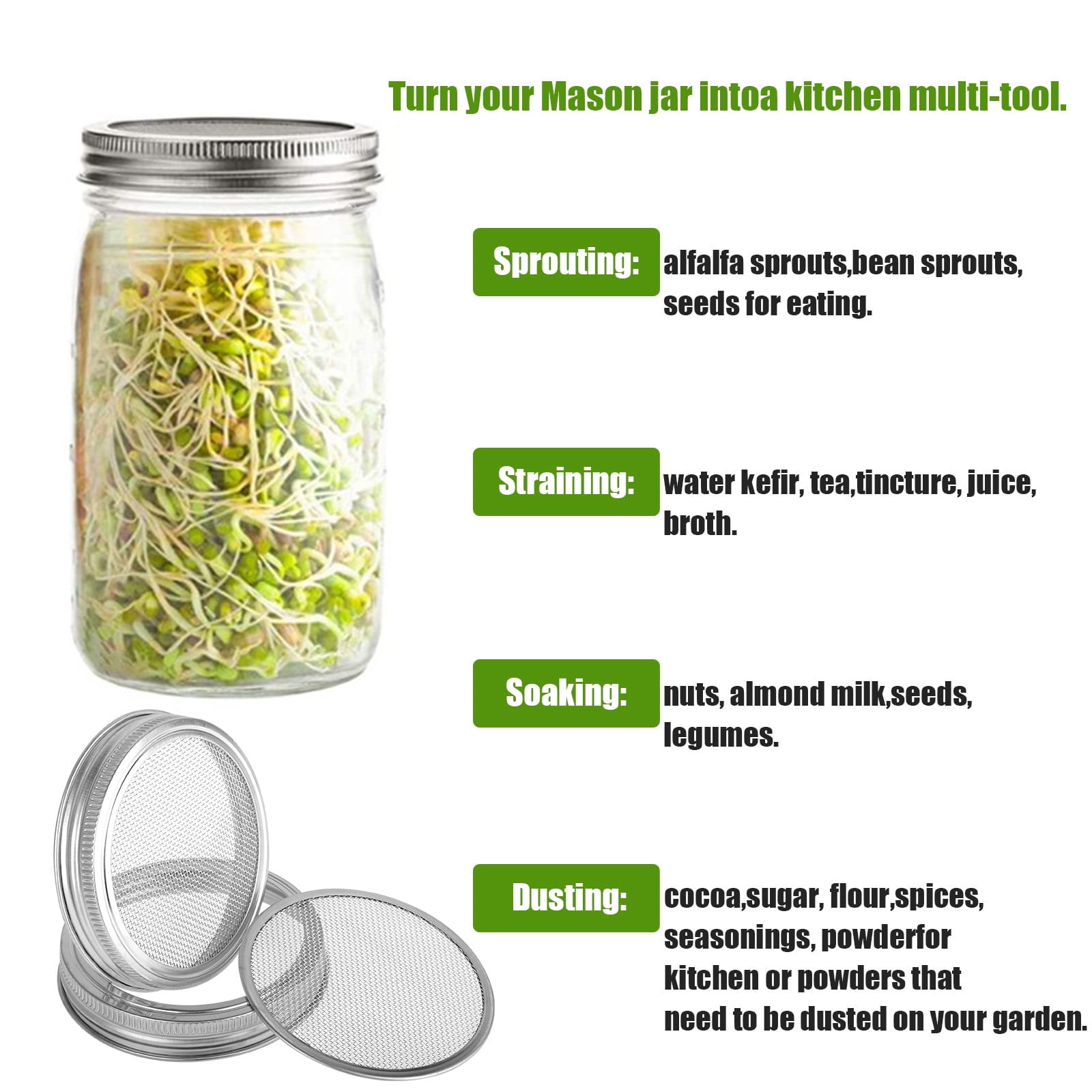 12 Sets Sprouting Mason Jar Lids Bands, Wide Mouth 86mm Stainless Steel Mesh Screens for Growing