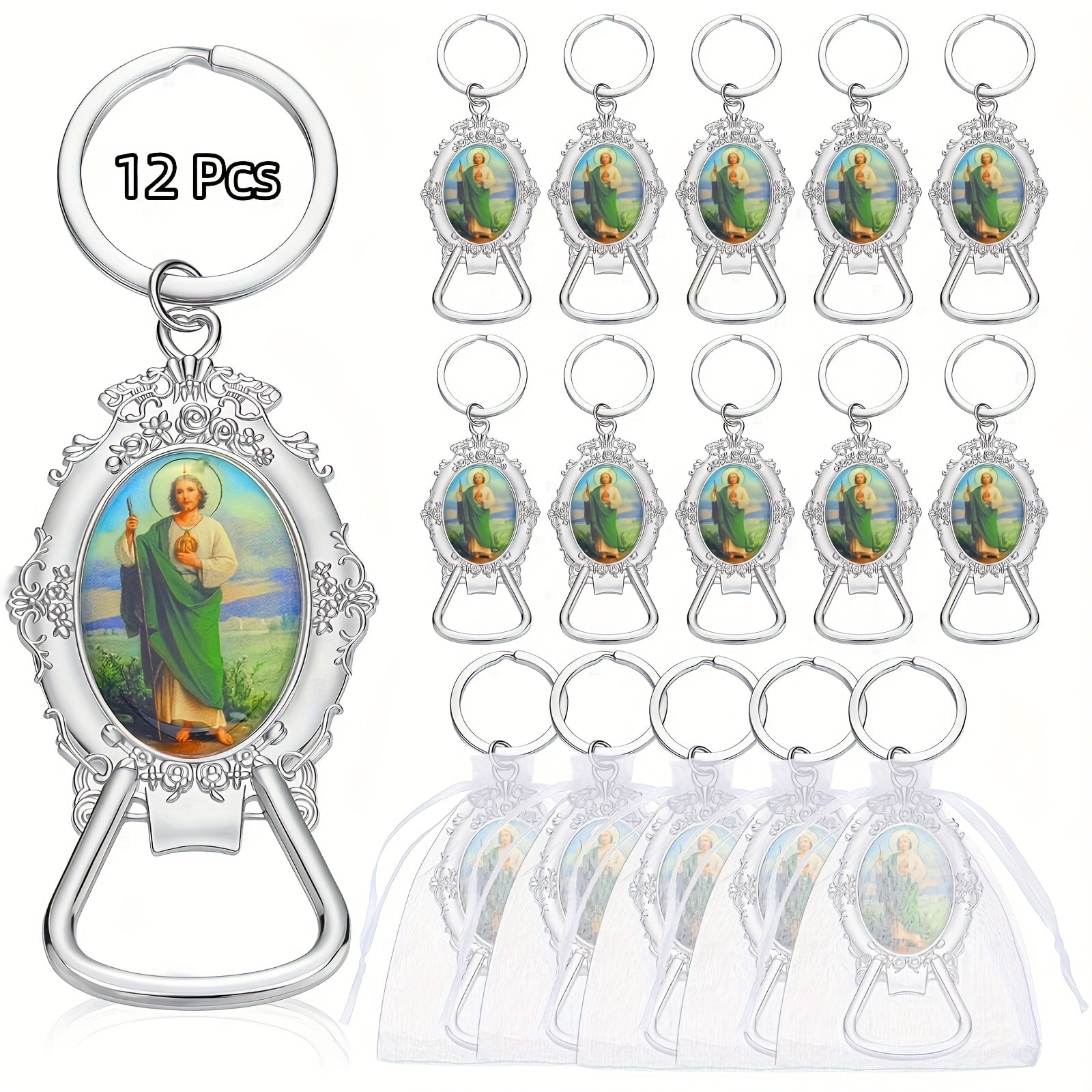 12 Sets St. Jude Bottle Opener Keychains with Organza Bags, Zinc Alloy Catholic Keychain Gift Set for Baptism, Church Celebration, Religious Gathering and Faith Inspired Keepsakes