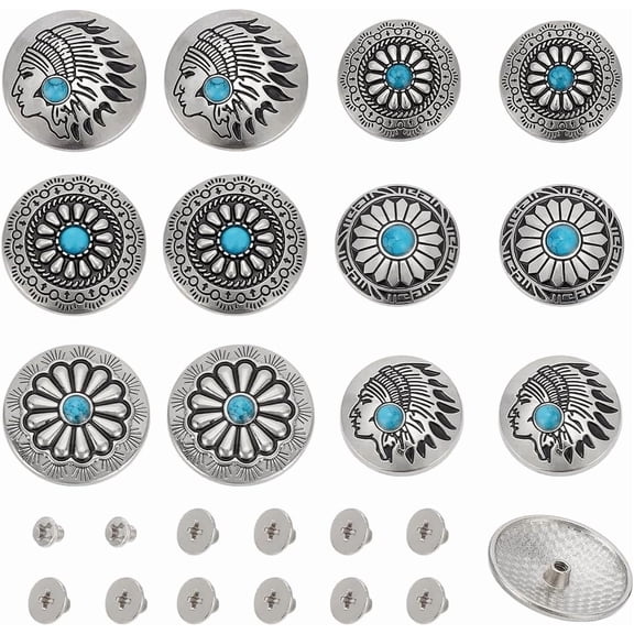 12 Sets Sunflower Decorative Buckle 1-Hole Turquoise Rivets Western Rivets Round Turquoise Rivets Metal Screw Back Buttons for DIY Leather Craft Shoes Bags Belts Repair Decoration Deep Sky Blue