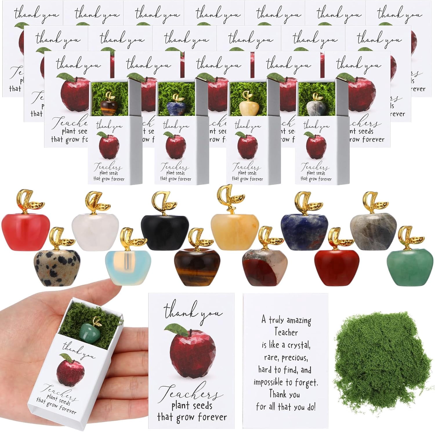 12 Sets Teacher Appreciation Gifts Bulk, Mini Crystal Apple Stone Desk Decor with Matchbox and Green Moss, Thank You Paperweight for Women Men (12 Pcs)