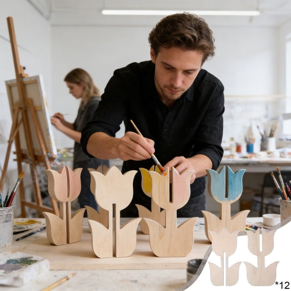 12 Sets Unfinished Wooden Tulip Cutouts, 3D Interlocking DIY Craft Kit, Paint Ready Natural Wood for Spring Decor, Handmade Projects, Wedding Ornament, child Crafts and Tabletop Decoration