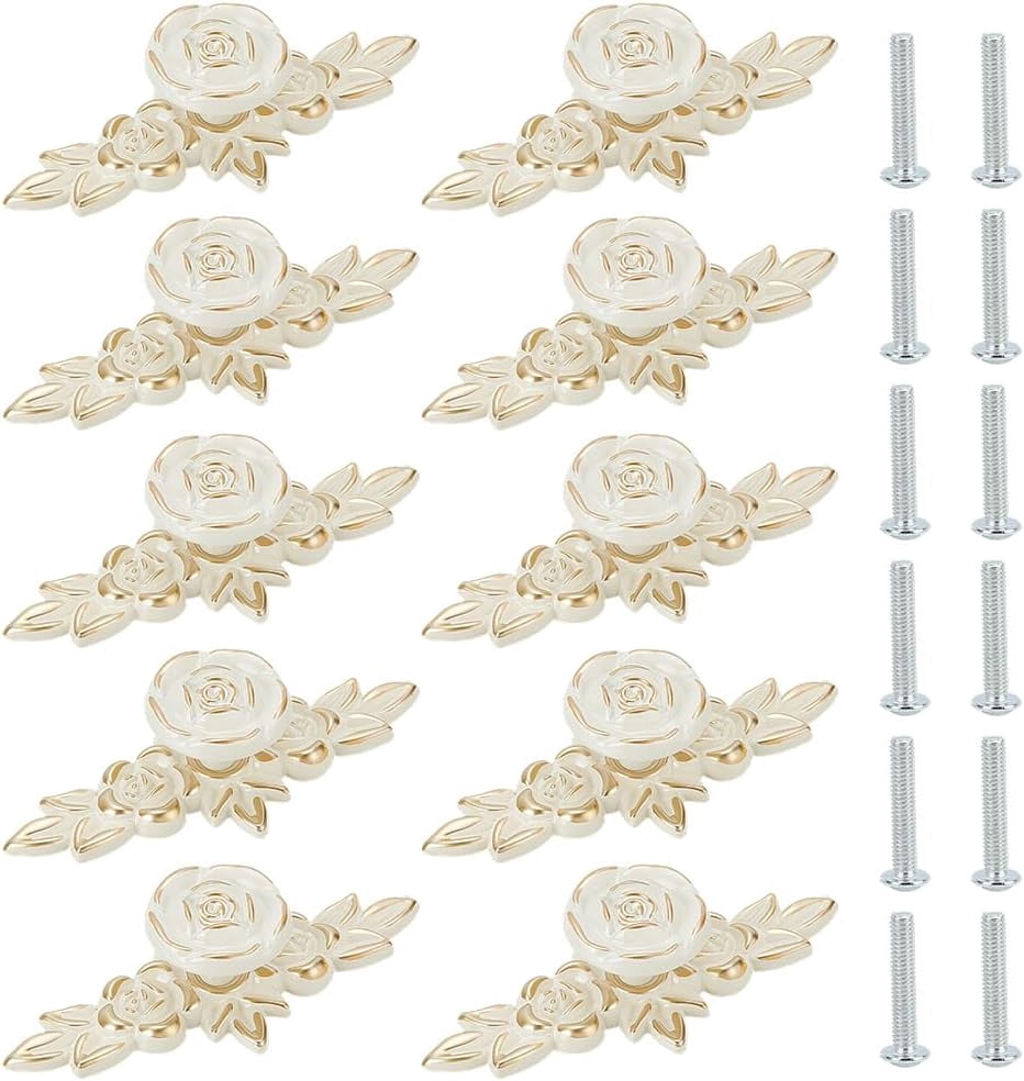 12 Sets Vintage Drawer Pulls Rose Flower Drawer Knobs Vintage Cabinet Handles Decorative Drawer Knobs Art Handles for Dresser Wardrobe Home 4x1.7 Inch Ivory White