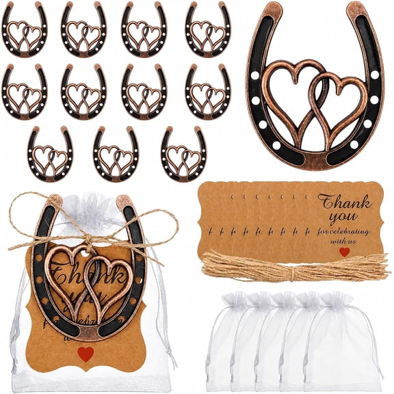 12 Sets Vintage Horseshoe Decor with Heart, Metal Horse Shoes with Thank You Tag, Rustic Horse Shoe Gifts for Birthday Wedding Bridal Shower Party