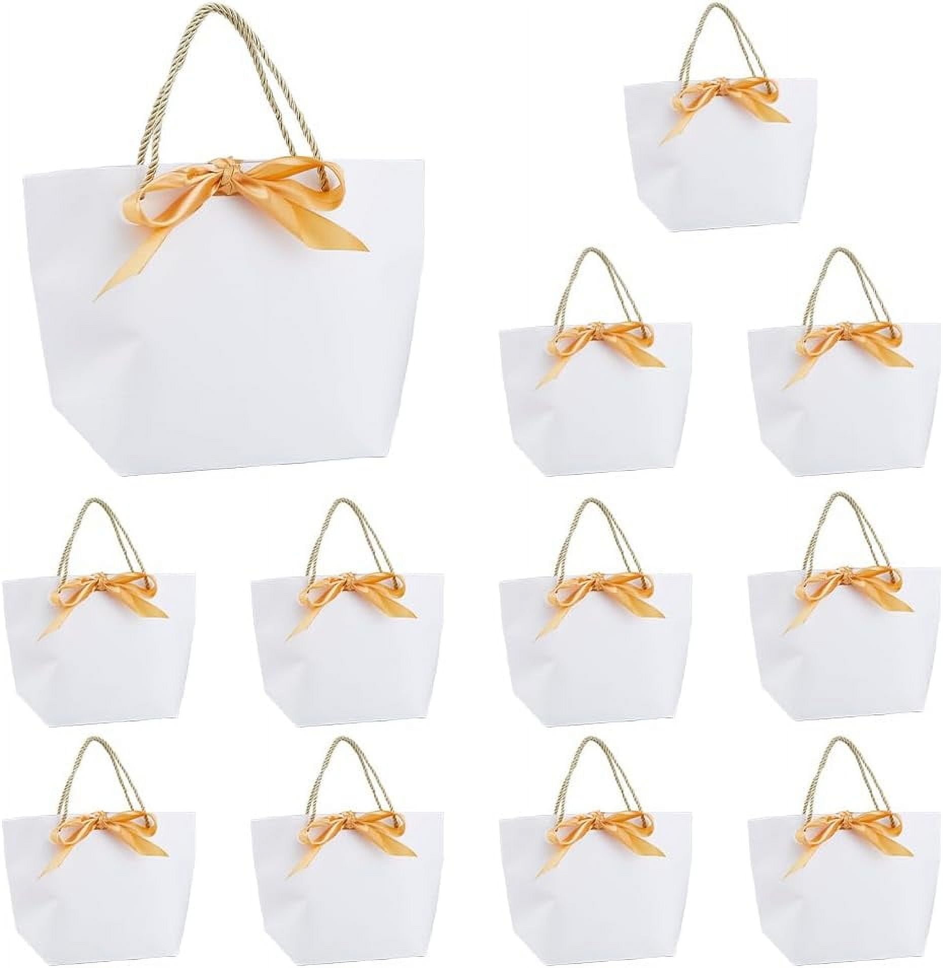 12 Sets White Gift Bags Medium Gift Bags with Handles Party Favor Bags with Gold Bow Ribbon Paper Bags Bulk For Party Wedding Birthday Graduation Celebration Holiday White