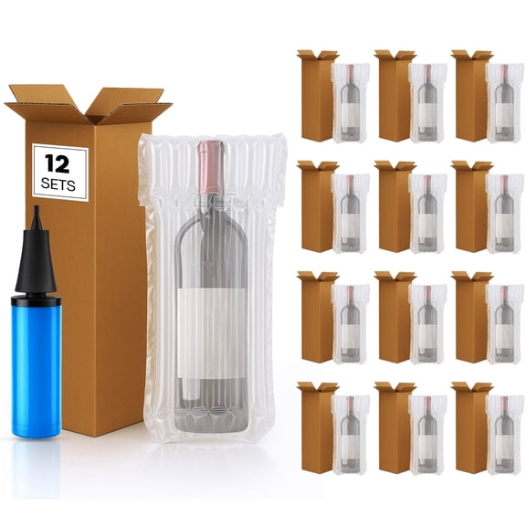 12 Sets Wine Shipping Box, Wine Boxes for Moving Include Wines Packaging Boxes Inflatable Protector Bags and a Pump, Wines Shipping Box for Airplane Leak-Proof & Shockproof Design for Safe Transport