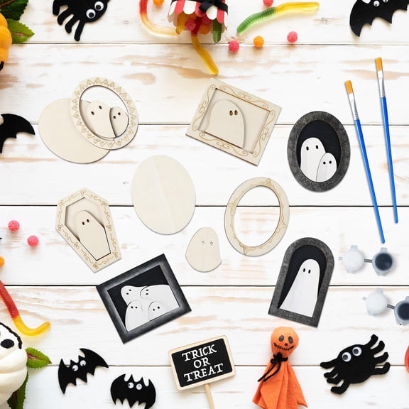 12 Sets Wooden Ghost Photo Frames DIY Kit with Black and White Paint and Brushes, Unfinished Wood Halloween Ornaments for Party Decoration, Glue Not Included
