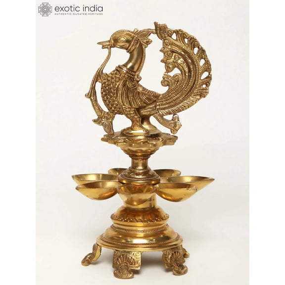 12" Seven Wicks Peacock Brass Lamp - Handcrafted Indian Hanging Oil Deepa for Diwali Puja Home Decor