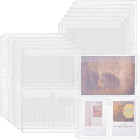 12 Sheet 2 Sizes PVC Plastic 3 Hole Album Binder Refill Pages Document Certificate Storage Bag Rectangle Waterproof PVC Clear Bags Protectors Binder Folder for Photo Albums Stamps Storage DIY