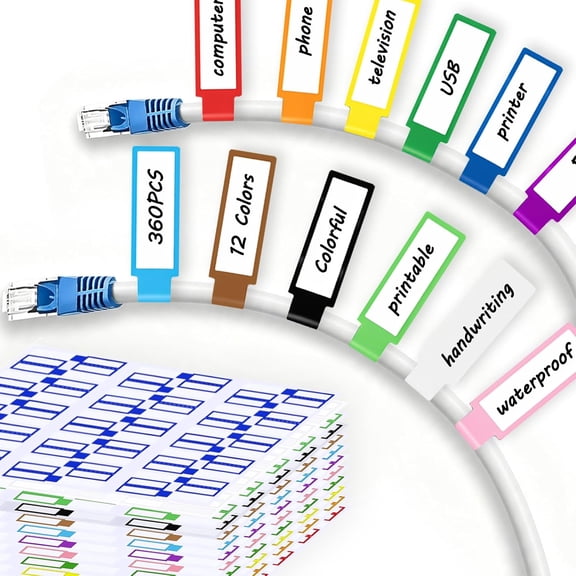 12 Sheet 360 Pcs Waterproof Cable Labels,Wire Label for Management,Color Border Wire Cord Labels Can Write On,Self Adhesive Printable for Laser Printer and Handwriting