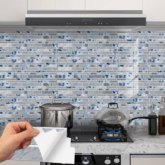 12 Sheet Blue Gray Marbling Tiles Stickers Wall Decals 9.68" x 2.36" Waterproof Peel and Stick Backsplash for Kitchen Bathroom