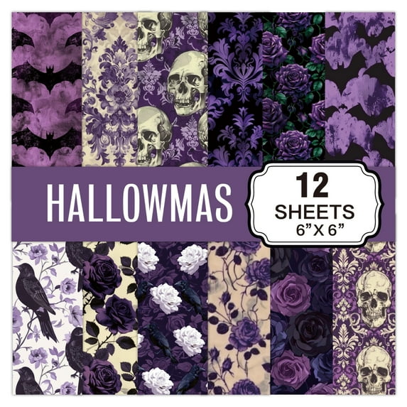 12 Sheet Halloween Pattern Paper Set Decorative Craft Paper Origami Paper 6x6" 12 Unique Gothic Designs: Purple Roses, Crow, Skeleton, Great for Card Making, Scrapbook, Holiday Decor