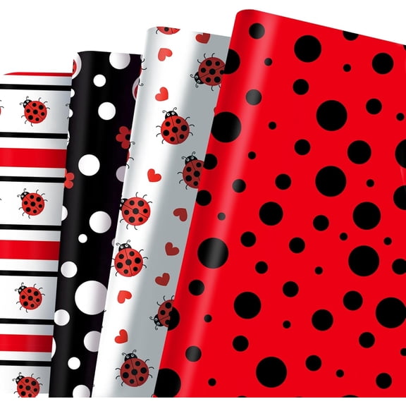 12 Sheet Ladybug Wrapping Paper, Birthday Gift Wrapping Paper 4 Insect Design Fancy Cute Red Black Pattern Gift Wrap Papers for Baby Shower Birthday Wedding Gift Packing, 20'' x 27''