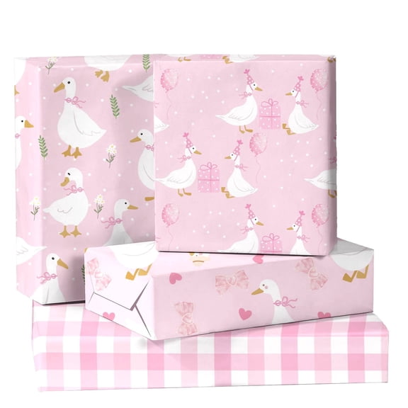 12 Sheet Pink Blue Goose Wrapping Paper Goose Theme Gift Wrap Paper Folded Flat Farm Animals Art Paper for Birthday Baby Shower Party Gift Packing DIY Craft, 19.7 x 27.6 Inch