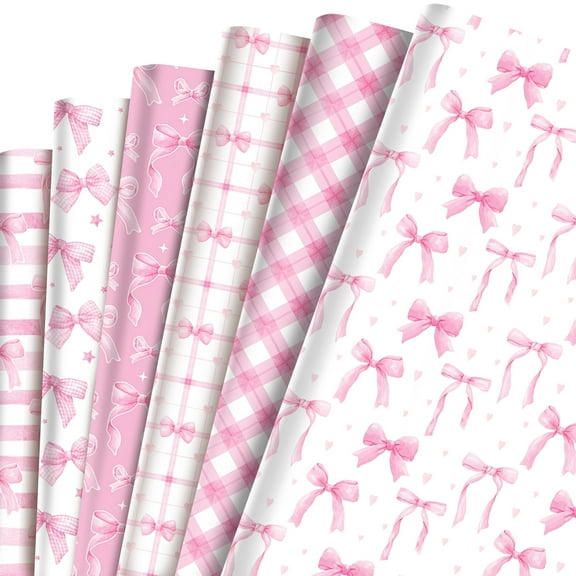 IKOMMI 12 Sheet Pink Bow Wrapping Paper Pink Ribbon Bow Design Perfect for Christmas Valentine's Day,Birthday, Bachelorette Party, Baby Shower 27*20inch