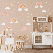 12 Sheet Rainbow Wall Stickers , Pink Beige Rainbow-Moon -Cloud- Star Nursery Wall Decals, Peel and Stick Baby Nursery Bedroom Playroom Home Decor for KidsRoom Decor, Removable