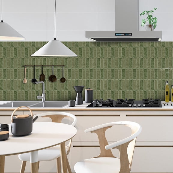 12 Sheet Set Tile Stickers 12"x6" Light Green Brick Mosaic Decals Vinyl Peel and Stick Kitchen Backsplash Bathroom Waterproof Tiles Decor