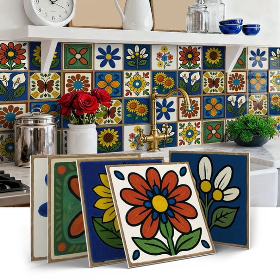 12 Sheet Tile Sticker Waterproof Peel and Stick Backsplash Multicolor Flower Wall Stickers Self-Adhesive DIY Decals 5.9" x 5.9"