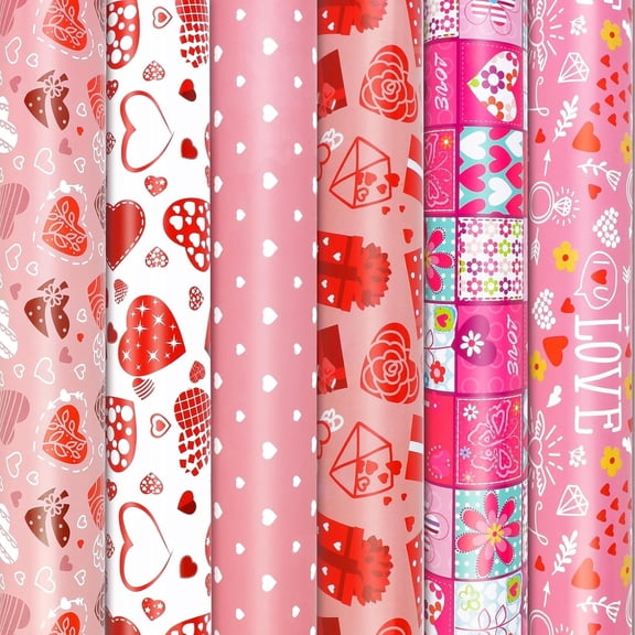 Valentines Day Wrapping Paper 20x30 inch 12 Sheets, Pink and Red Heart Love Wrapping Paper for Valentines Birthday Anniversary - 6 Designs Folded Flat