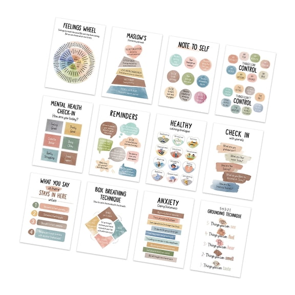 12 Sheets 10x14Inch Calming Corner Posters Feelings Chart for Classroom Mental Health Counseling Wall Chart