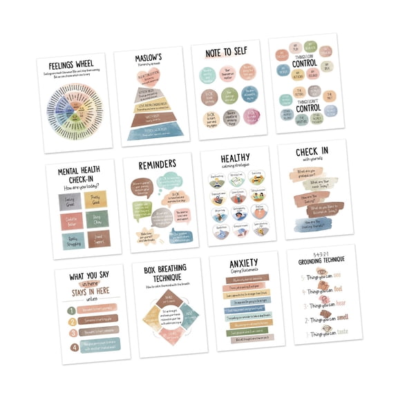 12 Sheets 10x14Inch Calming Corner Posters Feelings Chart for Classroom Mental Health Counseling Wall Chart