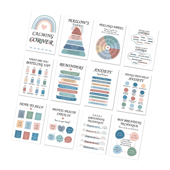 12 Sheets 10x14Inch Calming Corner Posters Feelings Chart for Office Classroom Mental Health Counseling Wall Chart