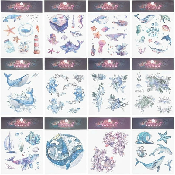 12 Sheets 12 Style Ocean Animals Temporary Tattoos Removable Body Stickers Paper Blue Purple Sea Turtle Dolphin Whale Shell Octopus Starfish Suit for Arm Neck Party Decor for making